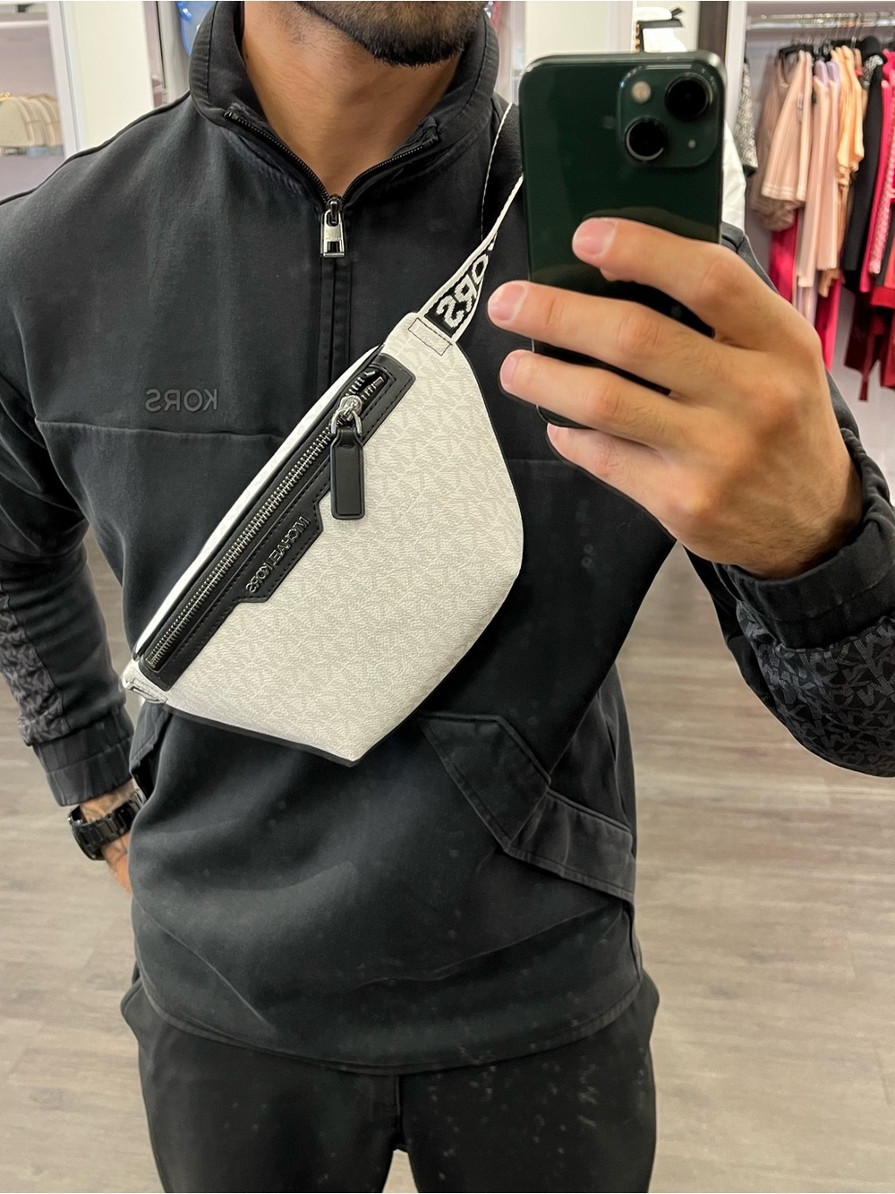 Michael Kors White Logo-Print Belt Bag with Black Accents Sling Pack Cooper